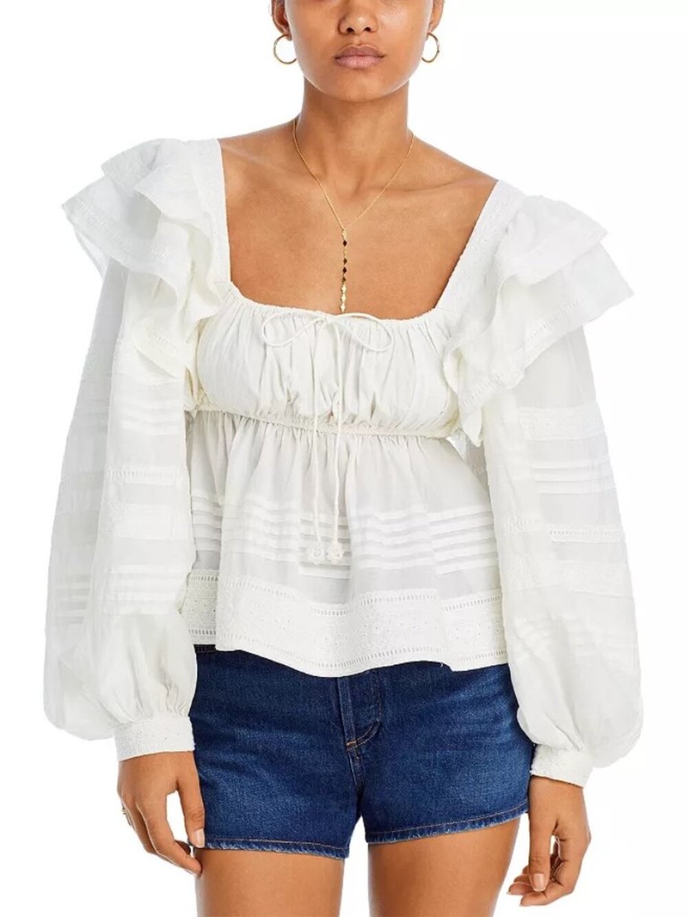 FARM Rio Off White Square Neckline Ruffle Blouse